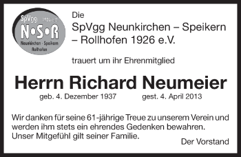 Traueranzeige von Richard Neumeier von Pegnitz-Zeitung